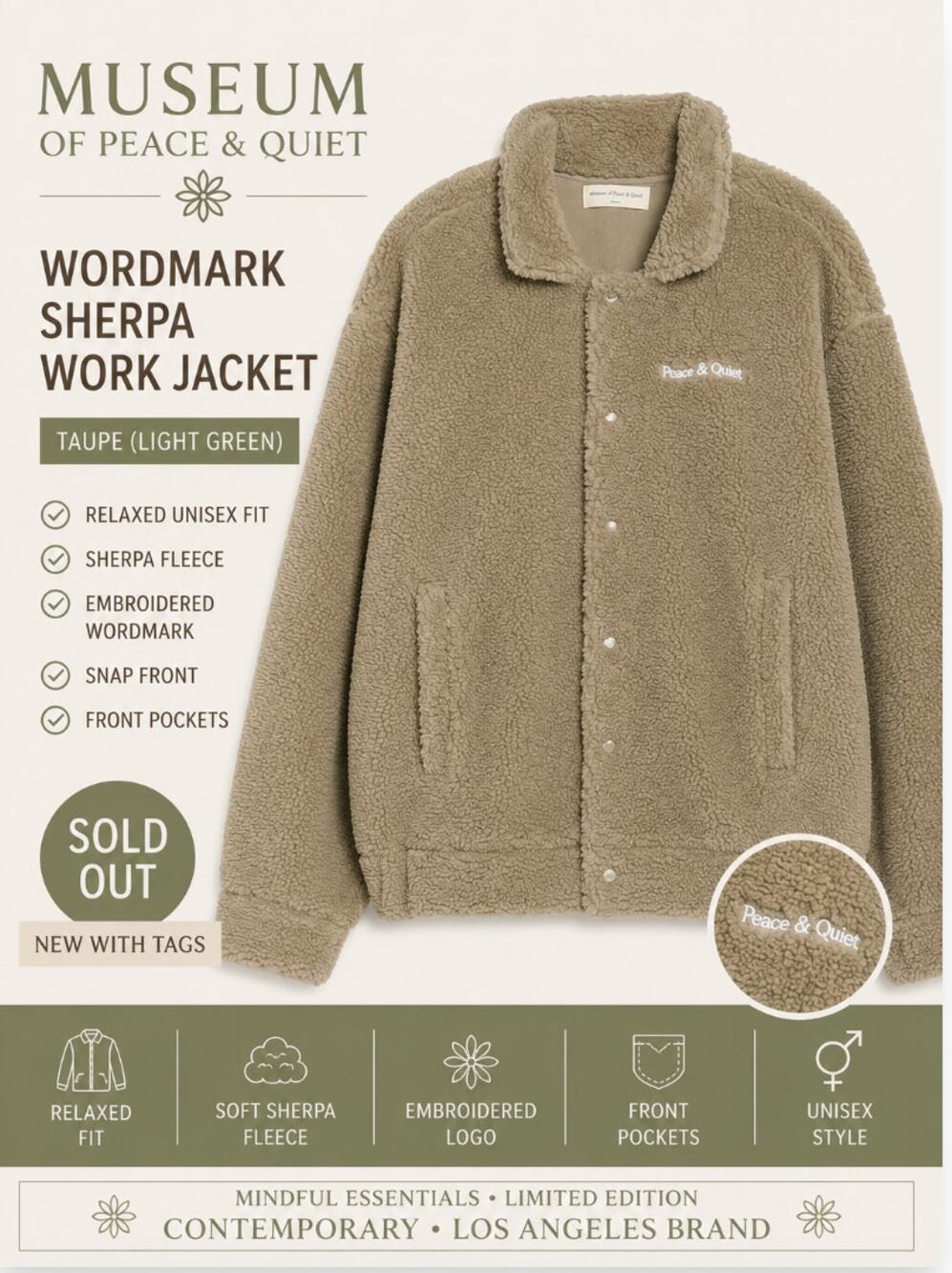 Museum of Peace & Quiet Wordmark Sherpa Work Jacket Taupe Medium NWT Sold Out